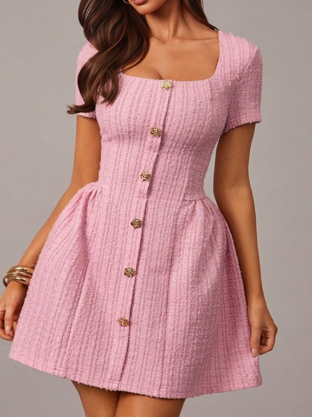 Pink Casual Elegant Women's Metal-Buckle Tweed A-Line Skirt Party Mini Dress - Picture 5 of 6